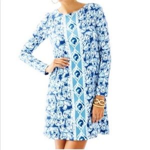 Lilly Pulitzer Ophelia Blue Swing Long Sleeve Open Back Dress in Get Trunky L